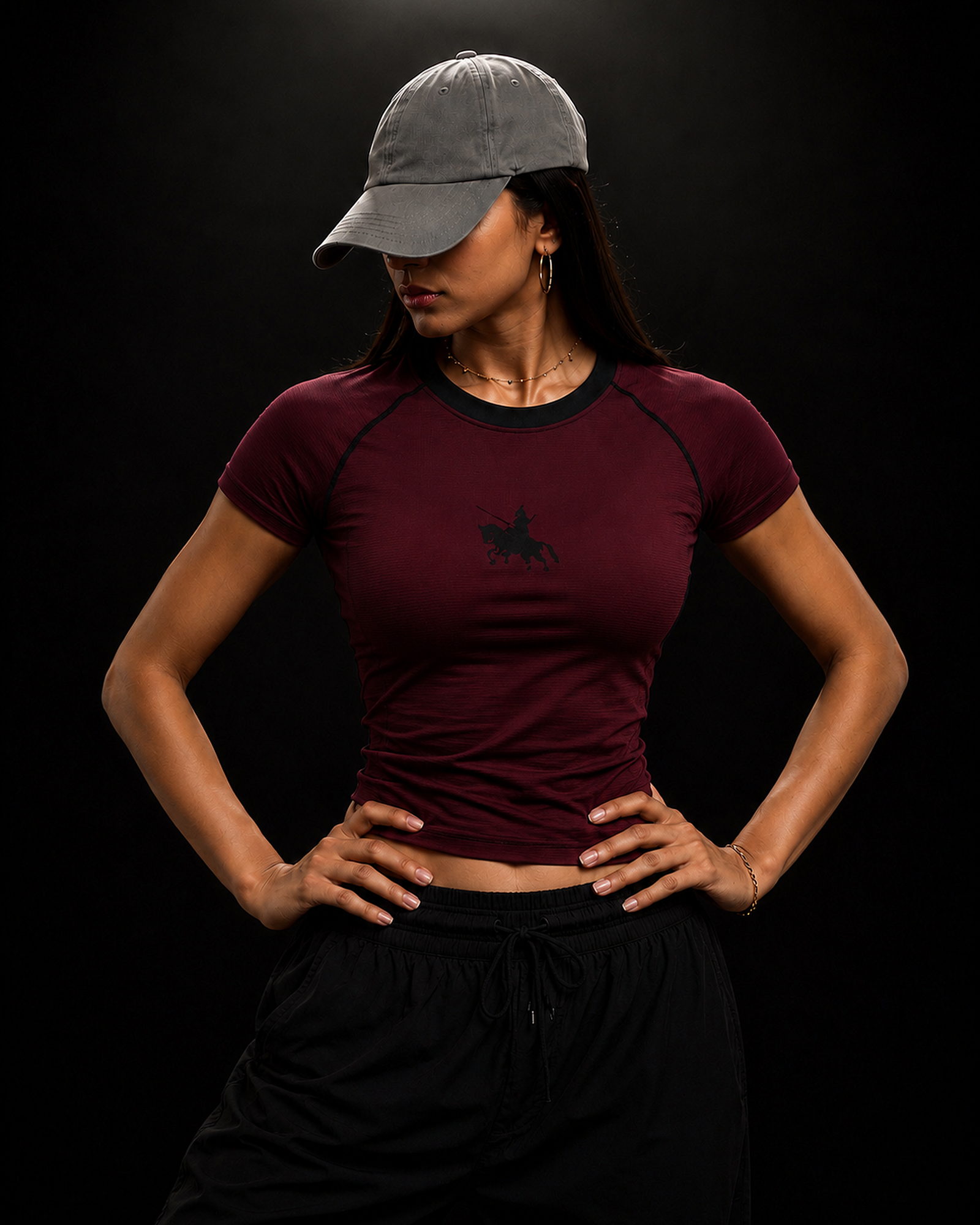 The Shield — Maroon · Women's fit, front detail